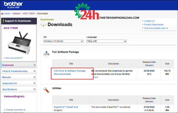 Hướng dẫn cài đặt driver máy scan brother ads 1700w