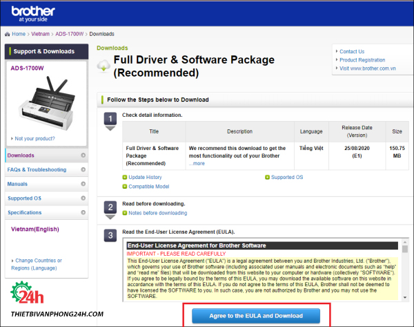 Hướng dẫn cài đặt driver máy scan brother ads 1700w